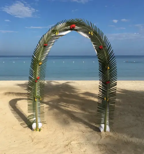 Looking at to the amazing ocean, this palm tree arch is what a destination wedding looks like.